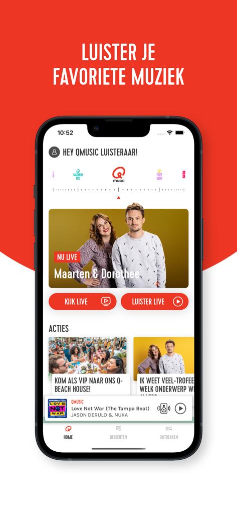 Interfaz de la app de radio en vivo Qmusic que muestra un programa en vivo y controles de música