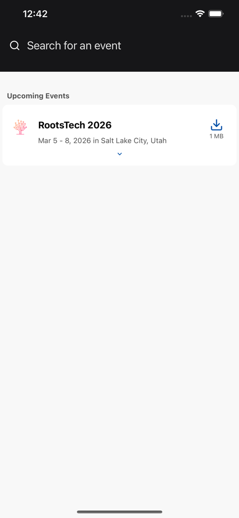 RootsTech SLC app screen showing the RootsTech 2026 event listing
