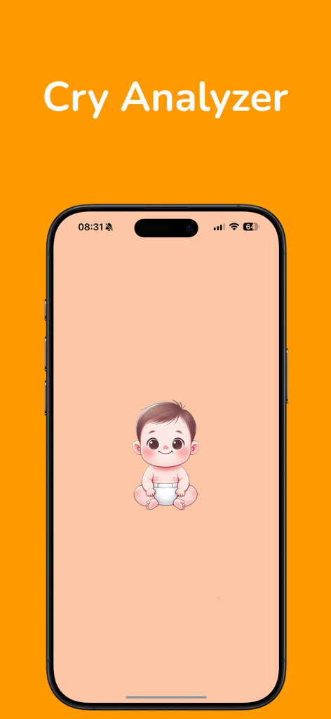 Shhush: AI Baby Cry Analyzer - Shhush AI Baby Cry Analyzer app interface featuring a cute cartoon baby on an orange background