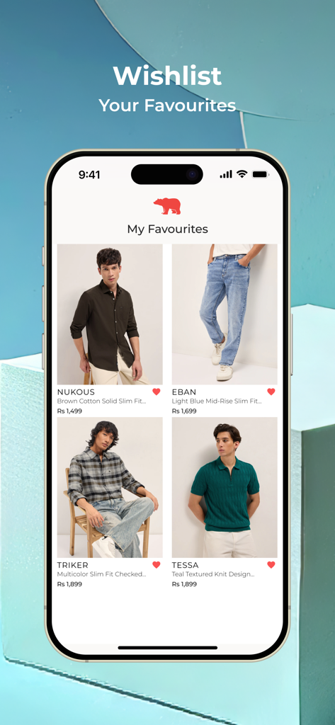 A wishlist of mens clothing items within The Bear House mobile app interface
