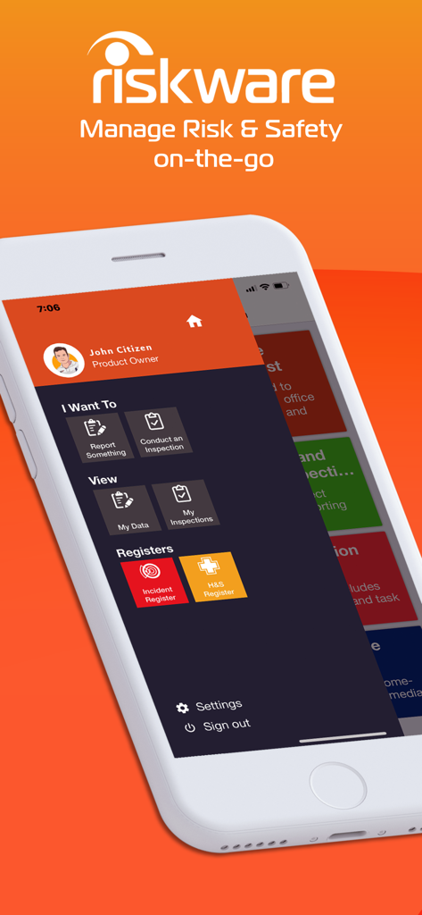 Riskware - Pantalla de inicio de la aplicación Riskware que muestra herramientas de reporte de incidentes e inspección de seguridad.