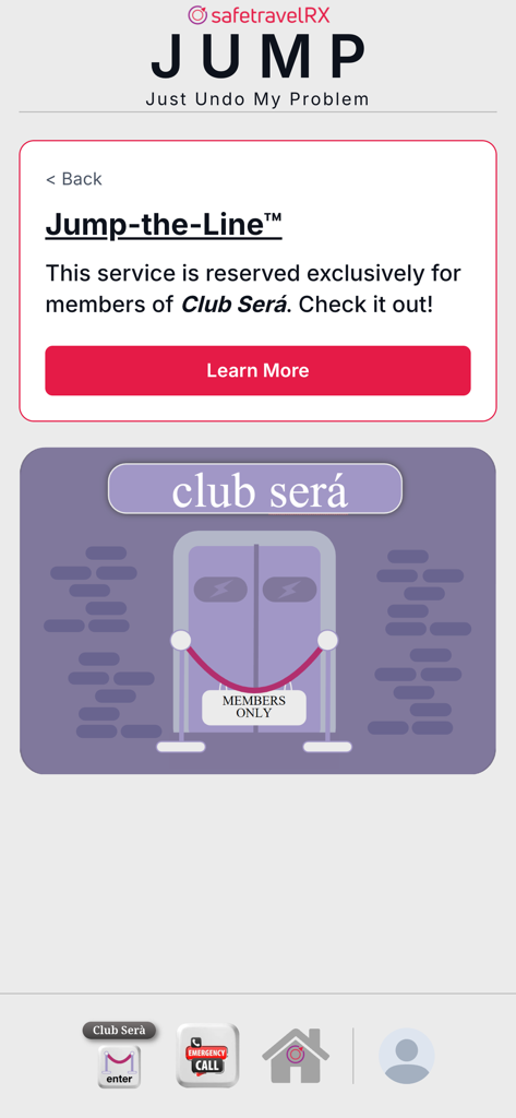 safetravelRX - SafetravelRX App-Oberfläche für den Jump-the-Line-Service exklusiv für Club Sera Mitglieder.