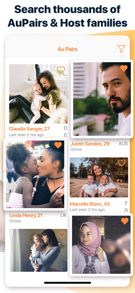 Match AuPair - A mobile app screen displaying a search interface for au pairs and host families with profile photos and names.