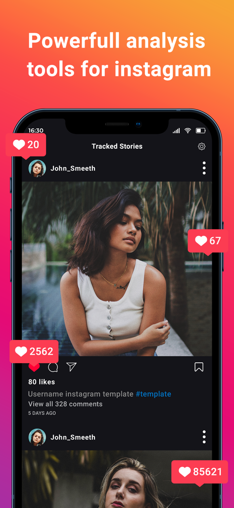 Follower Tracker : Followers - 인스타그램 스토리 추적 및 게시물 참여 분석을 보여주는 모바일 앱 스크린샷