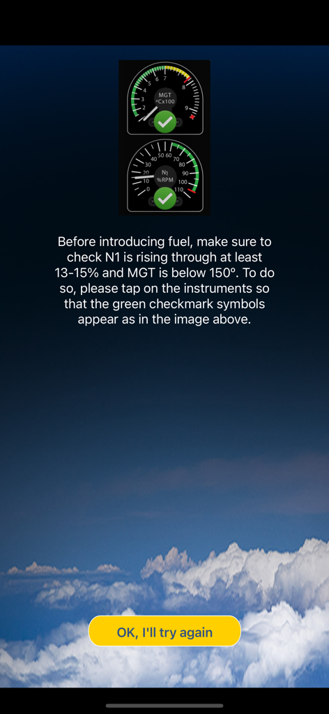 R66 Cockpit Trainer - Instruções do procedimento de partida mostrando os instrumentos MGT e N1 para o aplicativo de treinamento Robinson R66