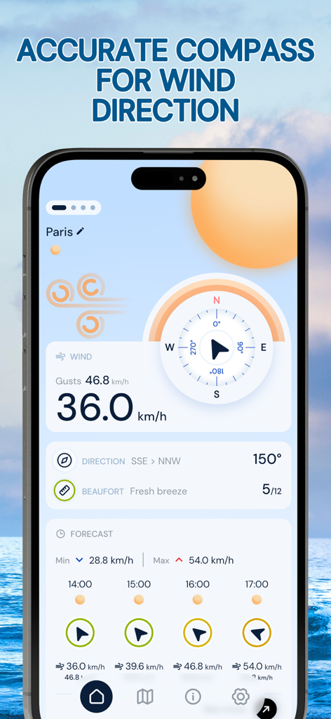 Interface do aplicativo Wind Radar mostrando uma bússola de direção do vento e métricas detalhadas de velocidade