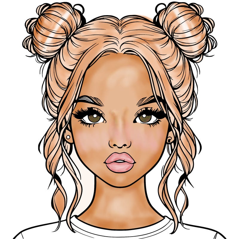 realistic girl with two buns in hair and lips
