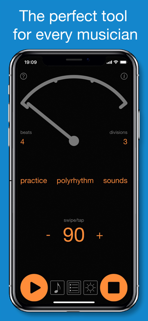 Rhythm+ - La aplicación Rhythm plus muestra una interfaz de metrónomo profesional en modo péndulo con tempo configurado a 90 BPM