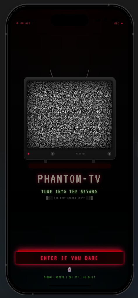 PhantomTV - PhantomTV paranormale App Splash-Screen mit statischem TV und Enter-Button