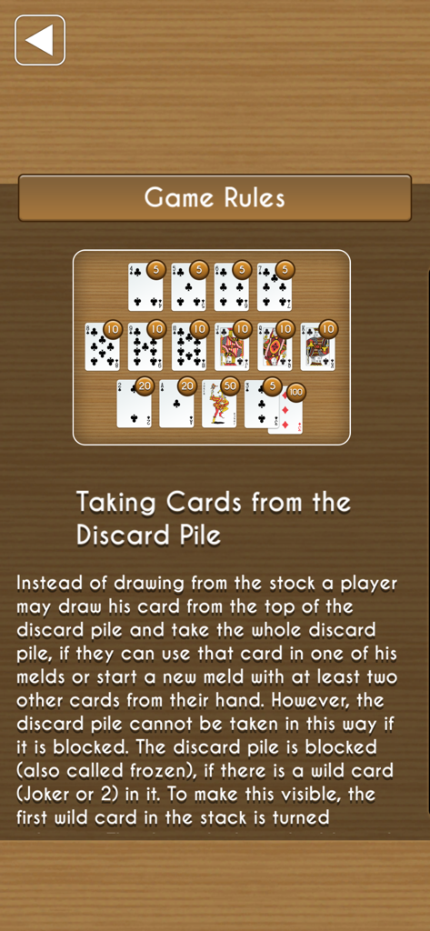 Una pantalla de la aplicación de Canasta que muestra las reglas para tomar cartas de la pila de descartes y los valores de puntos de las cartas.