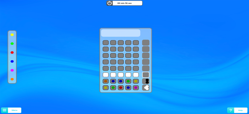 Brain Jogging XXL - Interface of a logic puzzle game featuring a colored circle code breaking challenge and a timer.