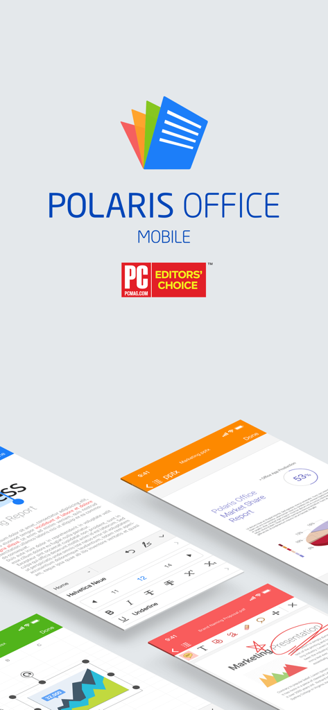 Benutzeroberfläche der Polaris Office Mobile App mit Dokumentenbearbeitungsbildschirmen und dem Editors Choice Award-Abzeichen von PC Mag