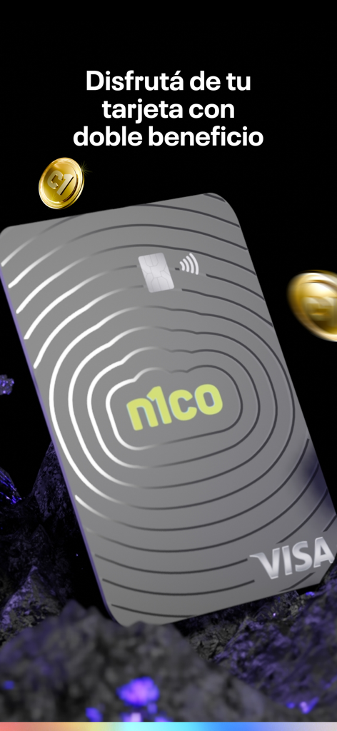 n1co - Silver n1co Visa debit card floating with golden coins on a dark background
