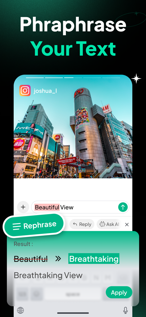 TypeFix: AI Writing Keyboard - Le clavier IA TypeFix reformule le texte de 'beau' à 'époustouflant' sur une publication Instagram.