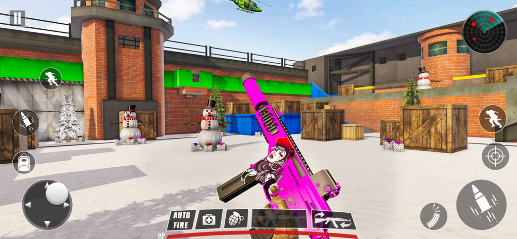 FPS Commando Secret Mission - FPS Commando Secret Mission gameplay showing a first-person shooter perspective with a pink submachine gun in a snowy map