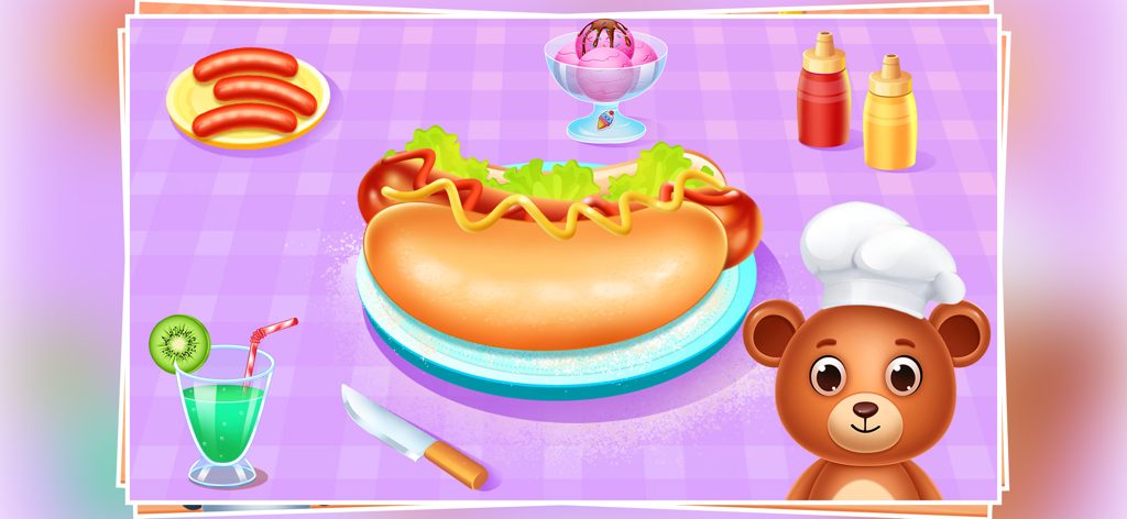 A cute cartoon bear chef with a decorated hotdog, ice cream, and drink