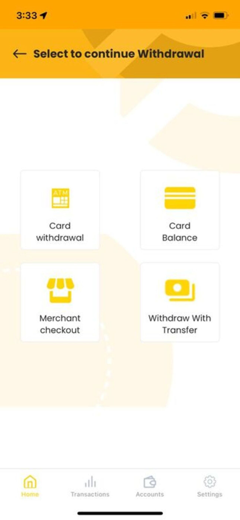 Baxi Mobile - A mobile screen showing various withdrawal and payment options in the Baxi Mobile app including card withdrawal and merchant checkout.