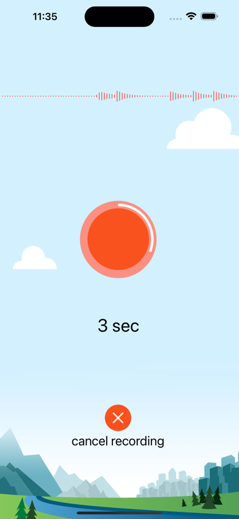 ChirpOMatic - BirdSong USA - ChirpOMatic app interface showing a bird song recording in progress with a large red button and a landscape illustration background.