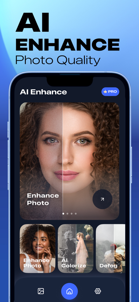 Clear Picture: Photo Enhancer - A smartphone displaying the Clear Picture app with a before and after comparison of an AI enhanced portrait photo.