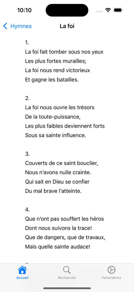 Bible-hymne-Guide - Uma tela de celular exibindo a letra do hino francês La foi dentro do aplicativo Guia Bíblia-Hinos