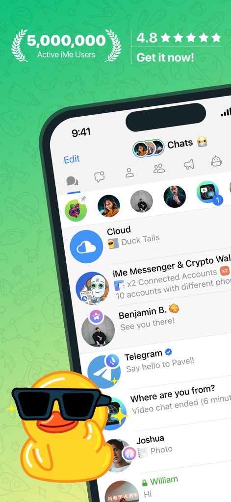 iMe: AI Messenger for Telegram - iMe AI Messenger app interface showing chat list and five million active users milestone