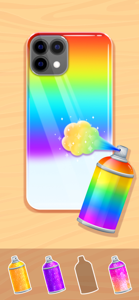 DIY 디자인 게임에서 무지개 그라디언트 스프레이 캔으로 폰 케이스를 꾸미고 있습니다