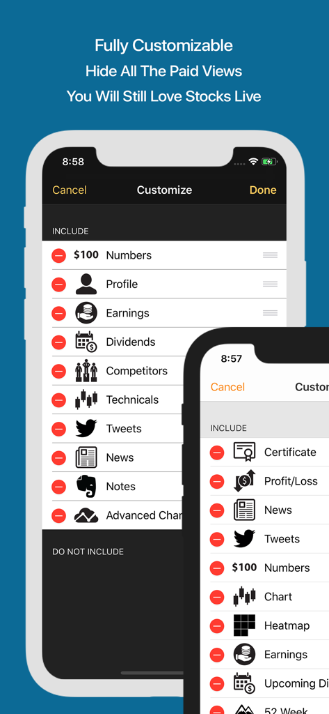 Interface of the Stocks Live app showing menu customization options for technical indicators and financial data