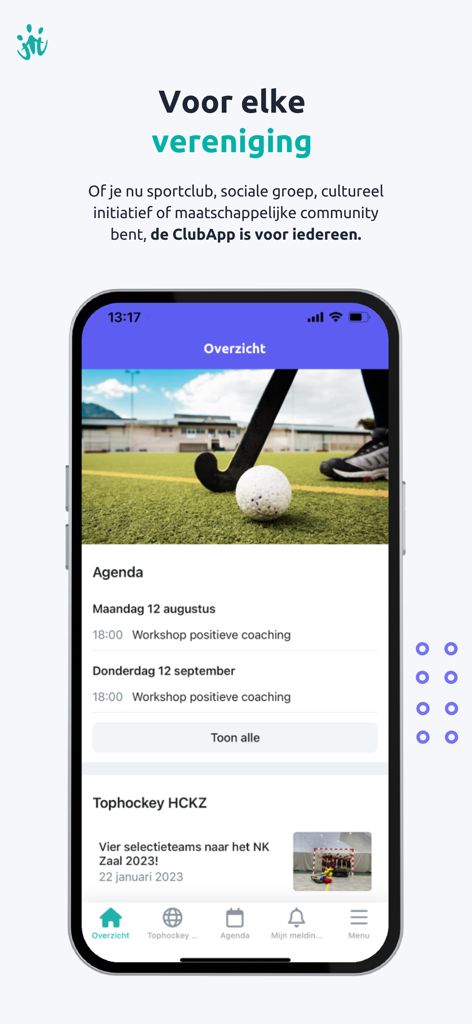 ClubApp - ClubApp mobile screen displaying a sports association agenda and latest news.