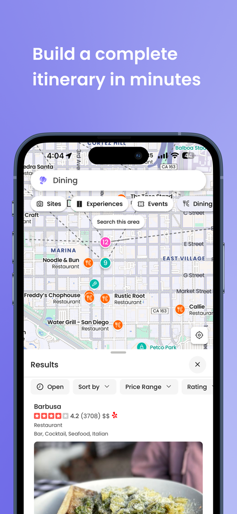 Ellipsis Travel - Vue cartographique de l'application Ellipsis Travel montrant les résultats de recherche de restaurants et les épingles de sites locaux pour la planification d'itinéraires