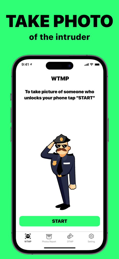 WTMP Who Touched My Phone - WTMP app interface showing the feature to capture a photo of someone who unlocks your phone