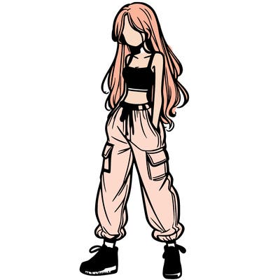 girl in baggy pants crop top and long hair