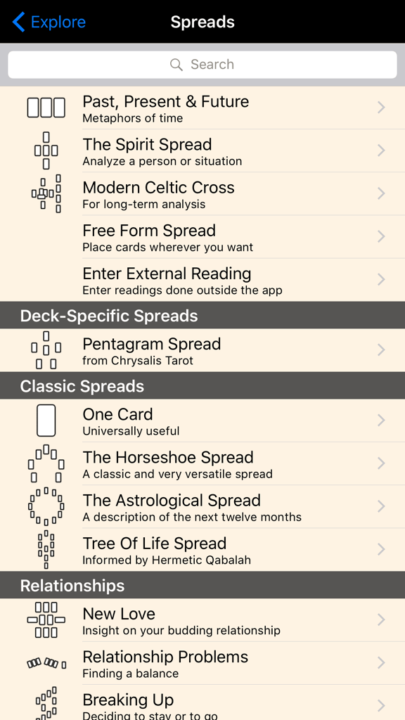 Chrysalis Tarot - Un elenco di varie opzioni di stese di tarocchi disponibili nell'app, comprese le stese "Celtica" e "Relazione".