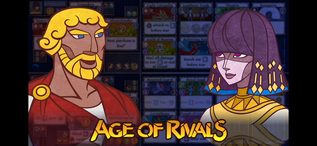 Age of Rivals - Two stylized characters representing different civilizations over a background of strategy game cards for Age of Rivals.