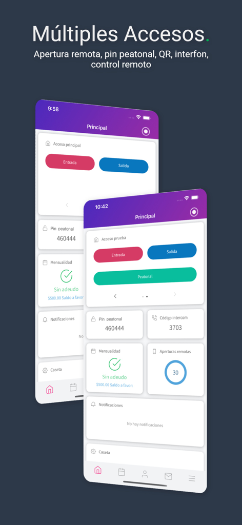 FracX Net - Schermate dell'app mobile FracX Net che mostrano opzioni di controllo accessi come apertura remota e codice pedonale per complessi residenziali