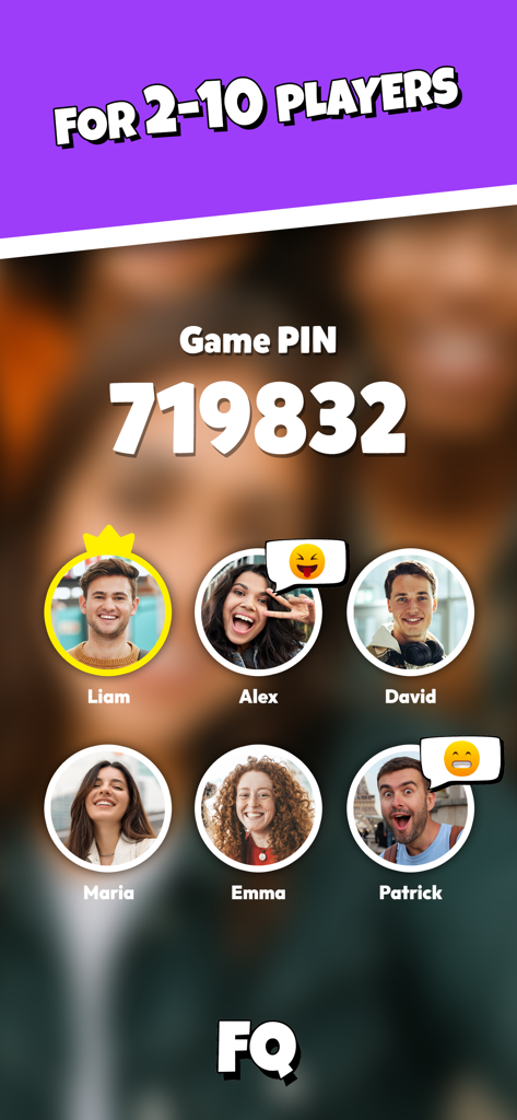 A mobile game screen showing a numeric game pin for joining a session with six friends' player profiles