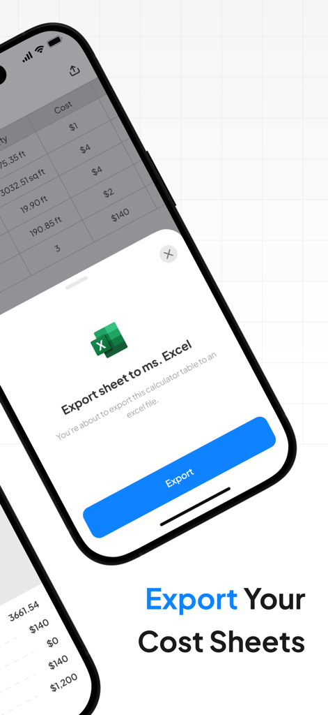 Planformer – Smart Takeoffs - Planformer mobile app interface showing a popup to export construction cost sheets to Microsoft Excel