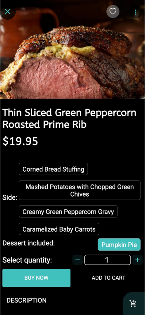 Fire And Spice Restaurant - Pantalla de pedido de la aplicación Fire And Spice para pedir costilla de res asada en rodajas finas con pimienta verde y acompañamientos