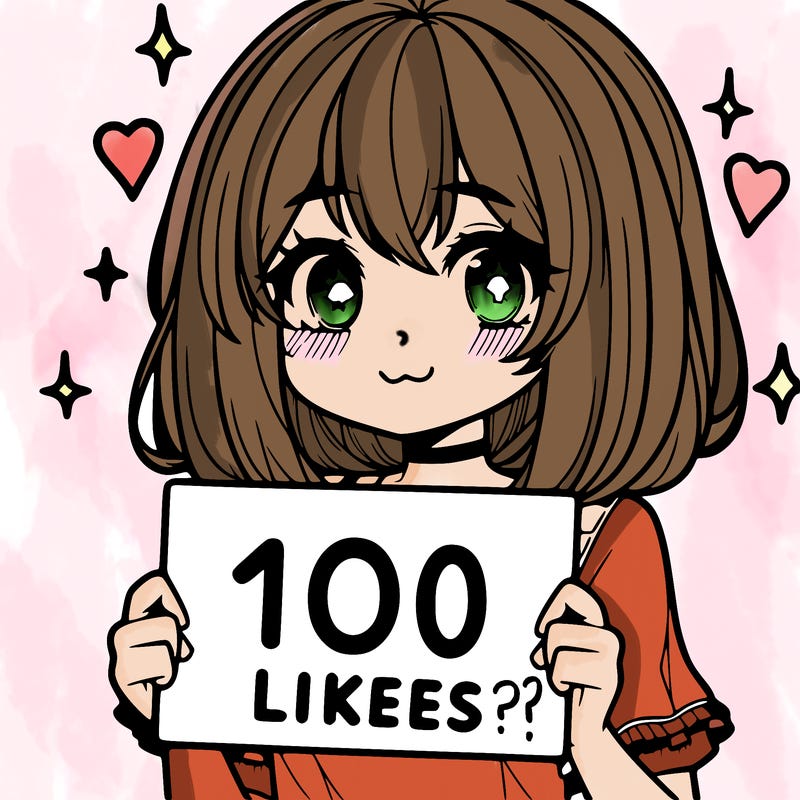 anima girl holding a 100 likes sign in her hand