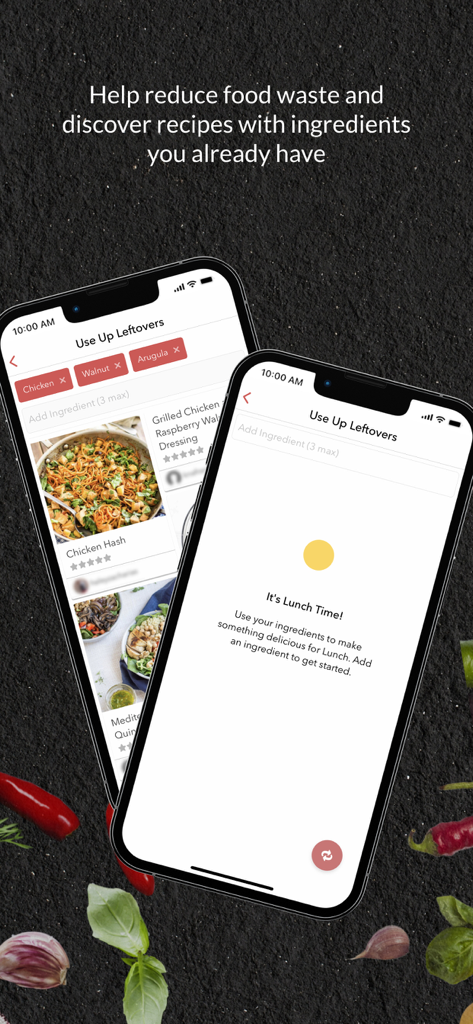 BigOven Recipes & Meal Planner - Herramienta 'Aprovechar las Sobras' de la aplicación BigOven que muestra cómo encontrar recetas a partir de ingredientes que ya tienes para reducir el desperdicio de alimentos