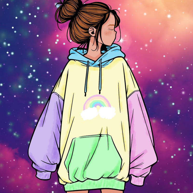 realistic girl with a oversized sweatshirt on and a bun