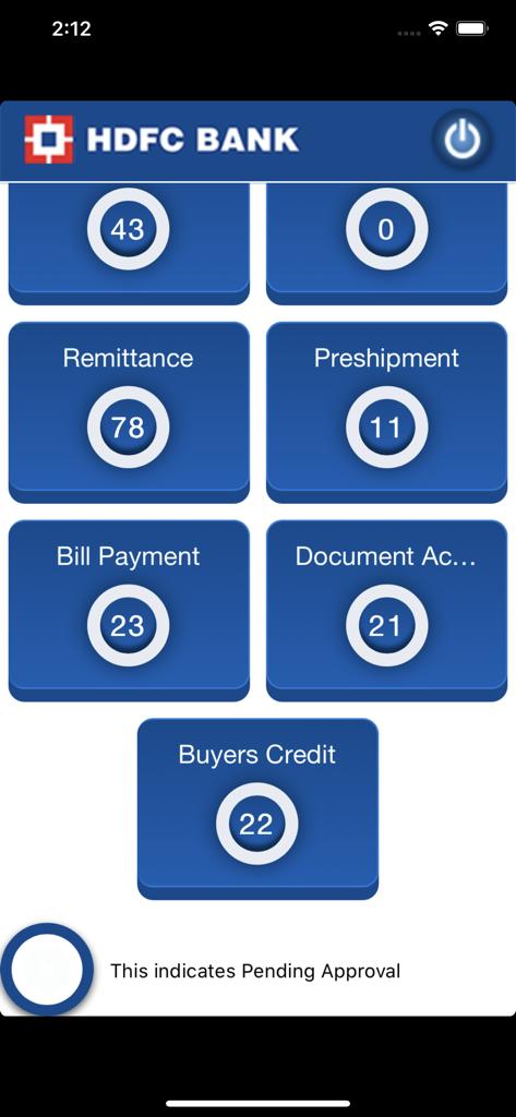 HDFC Bank Trade Finance app dashboard displaying pending approval counts for various trade categories like remittance and bill payment