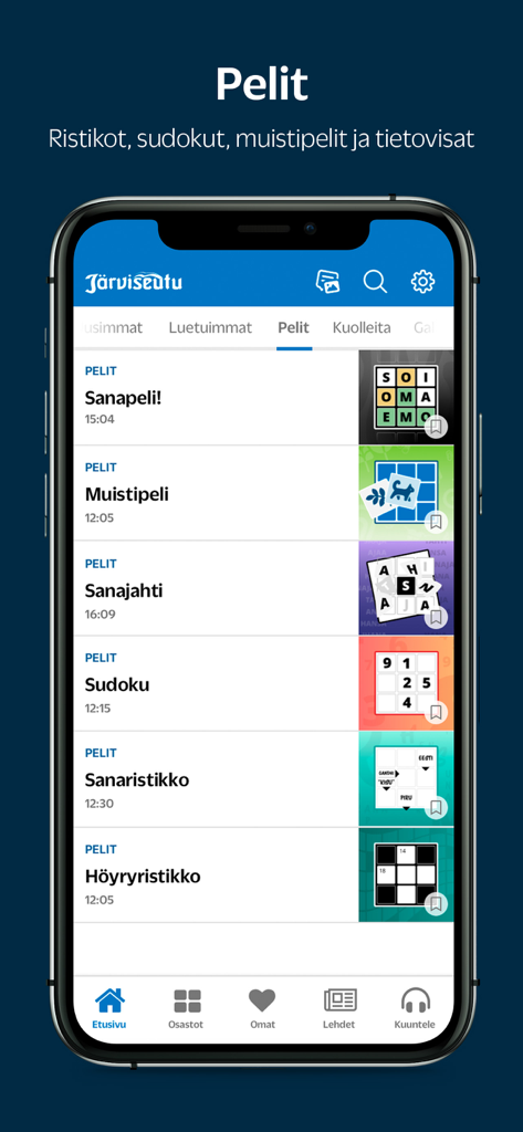 Järviseutu - Mobile app screen showing a list of games including puzzles and crosswords in the Jarviseutu application