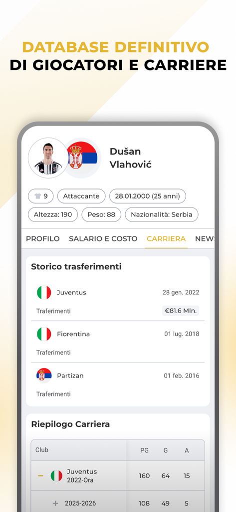 Pantalla de perfil del jugador Dusan Vlahovic que muestra estadísticas de su carrera e historial de fichajes