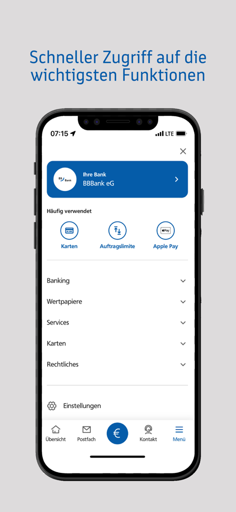 BBBank-Banking - BBBank mobile banking app menu showing quick access to cards and financial services