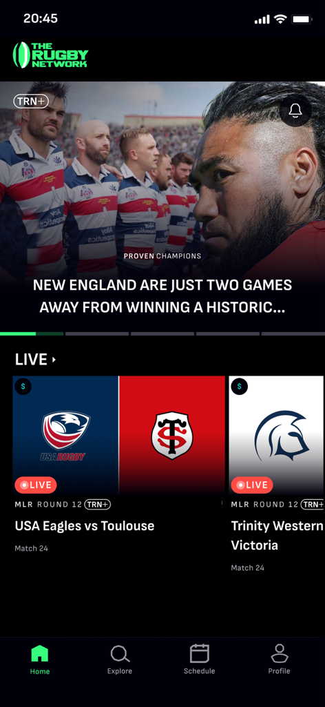 The Rugby Network - The Rugby Network app home screen featuring live match options including USA Eagles versus Toulouse and a hero banner for MLR.