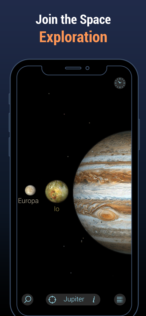 Screenshot of Solar Walk Lite app showing a 3D model of Jupiter and its moons Europa and Io