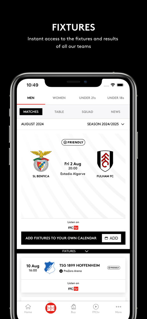 Official Fulham FC app screen displaying upcoming match fixtures and football schedules
