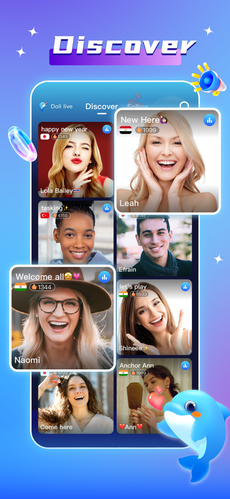 Doli Live Stream & Party - The Discover page of Doli Live app displaying multiple user profiles for live streaming and social chatting.