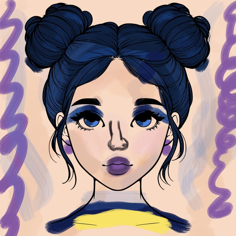 realistic girl with two buns on top of her head