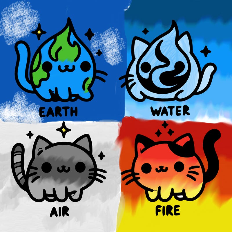 4 cats that represent the different elements, earth, water, air, and fire